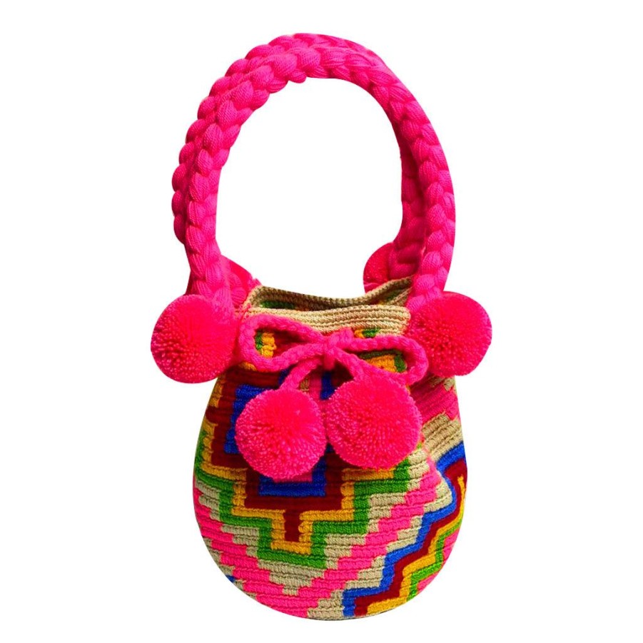 Bags & Bag Accessories Le Pom Pom | Fuschia & Rainbow Diamond Mini Bucket Bag