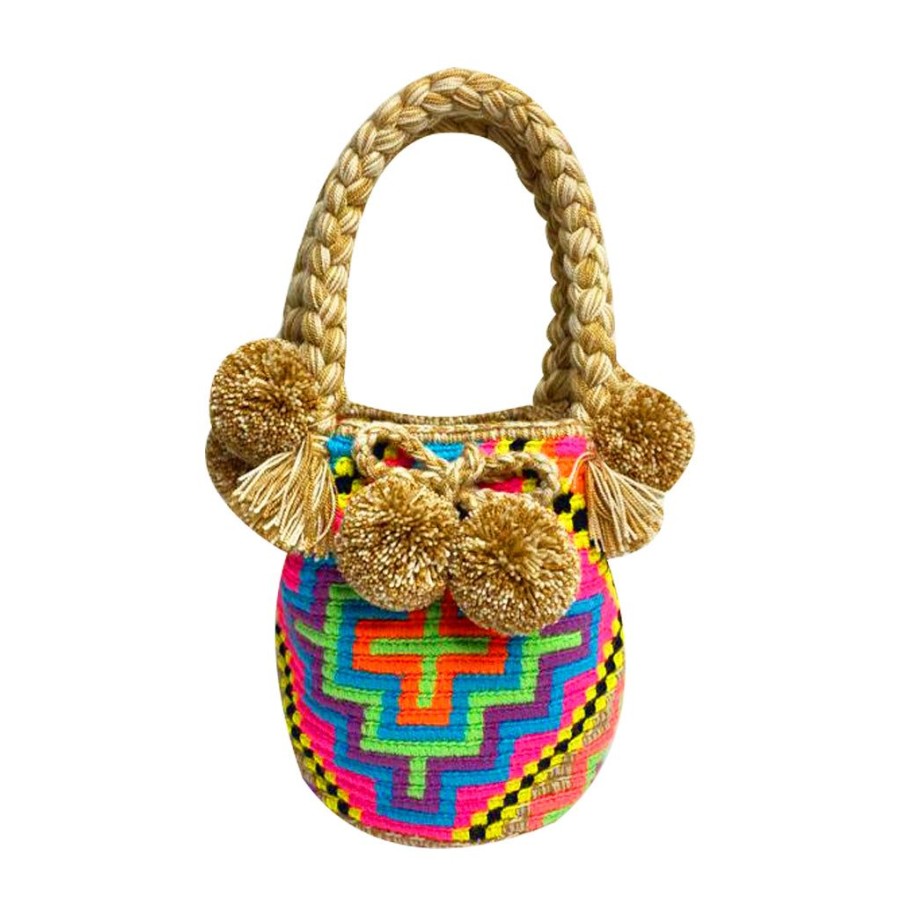 Bags & Bag Accessories Le Pom Pom | Beige & Neon Rainbow Diamond Mini Bucket Bag