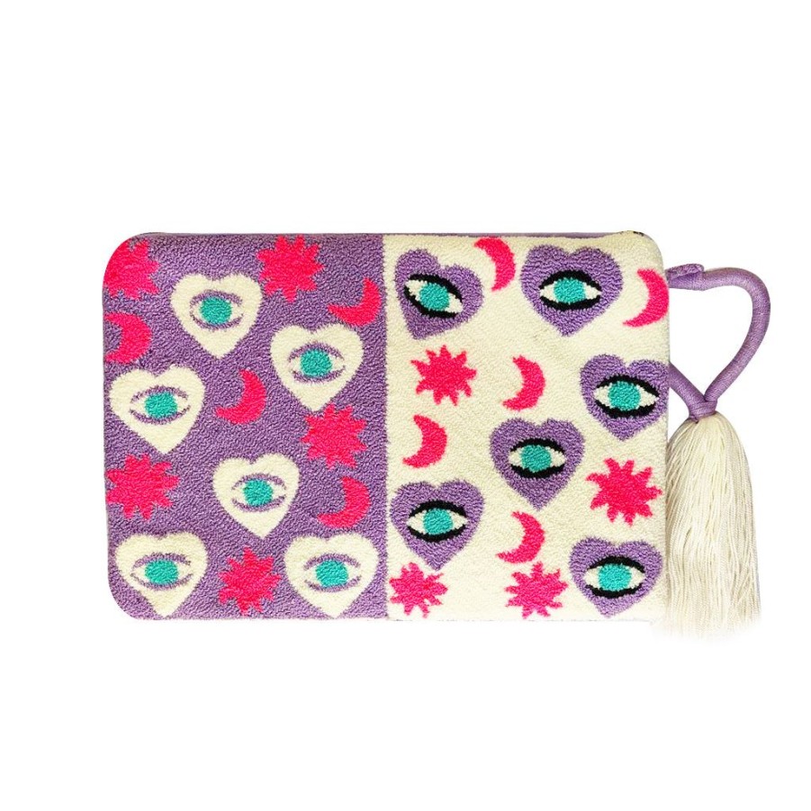 Bags & Bag Accessories Le Pom Pom | White & Lilac Hearts Clutch