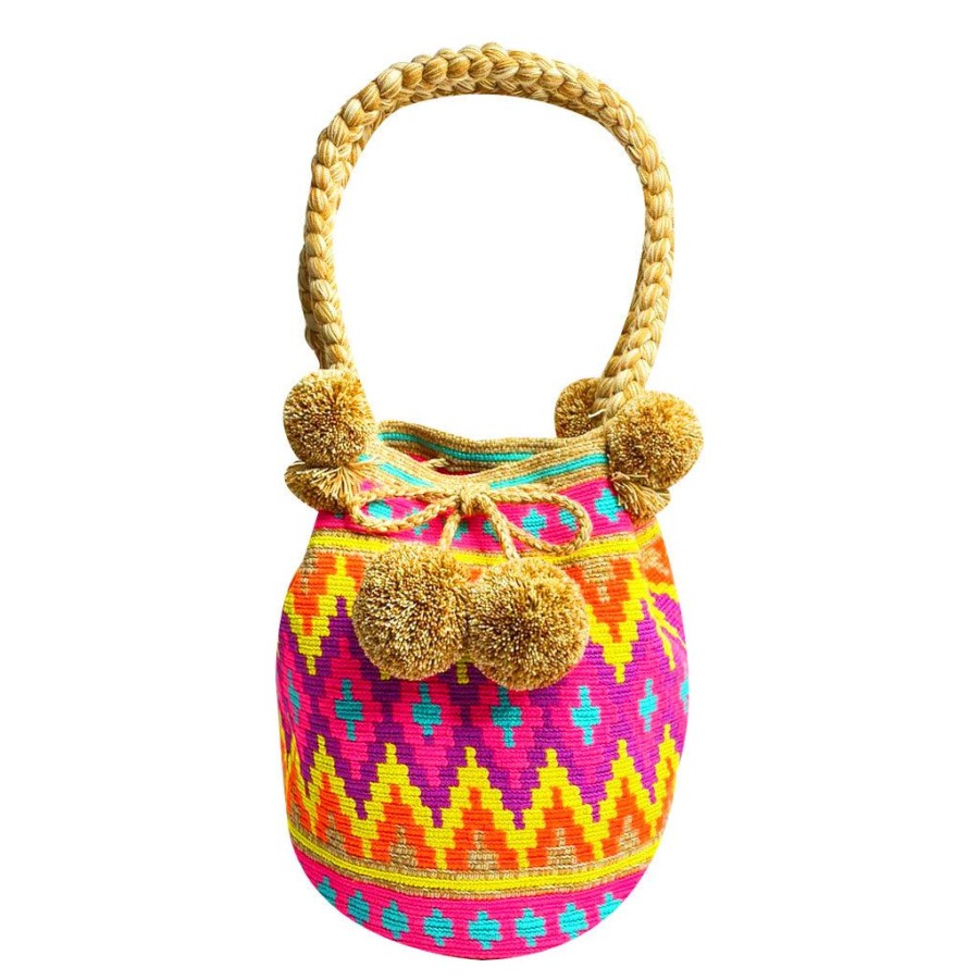 Bags & Bag Accessories Le Pom Pom | Beige & Rainbow Zig Zag Bucket Bag