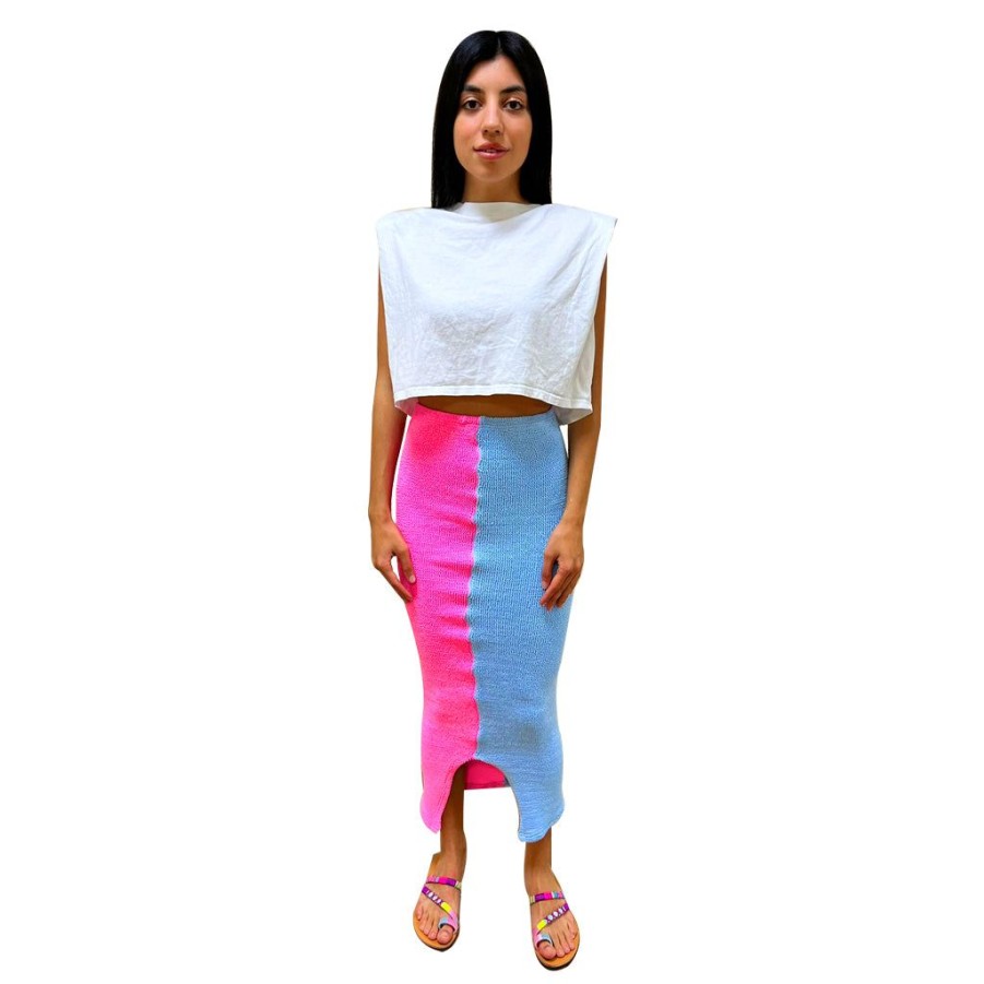 Clothing Le Pom Pom | Baby Blue/Neon Pink Skirt