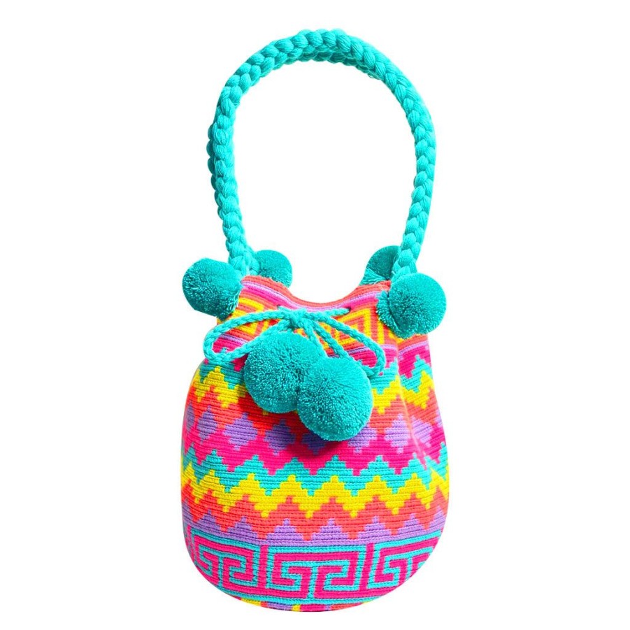 Bags & Bag Accessories Le Pom Pom | Turquoise & Pink Bucket Bag