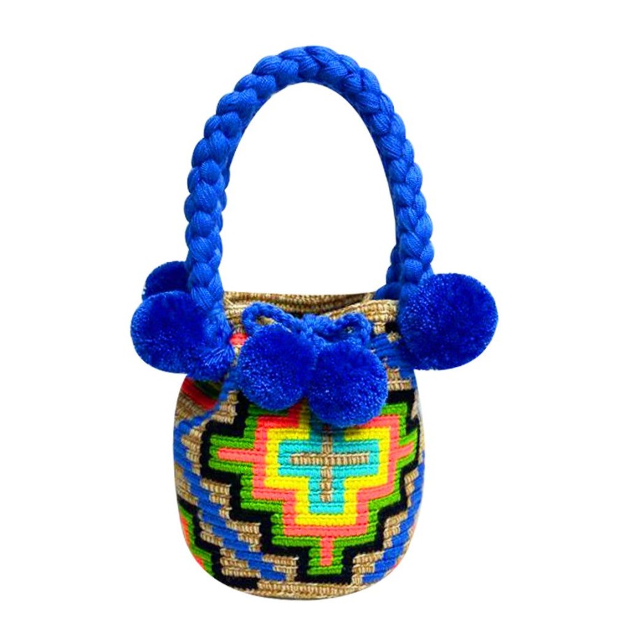 Bags & Bag Accessories Le Pom Pom | Beige & Blue Diamond Mini Bucket Bag