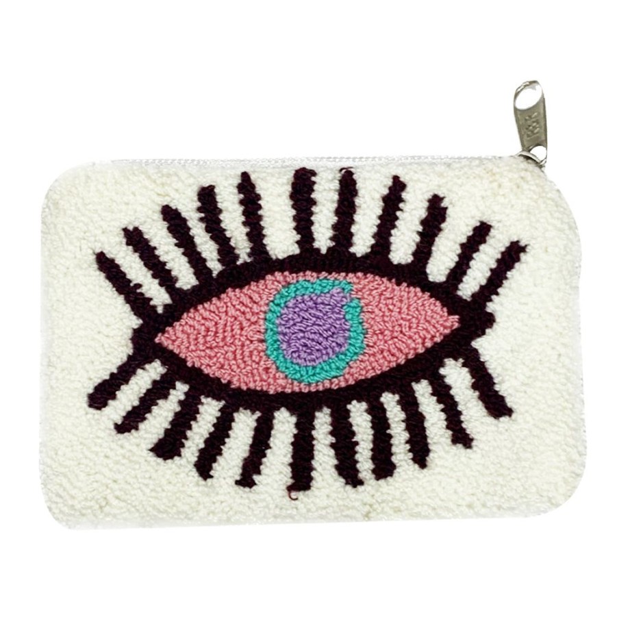 Bags & Bag Accessories Le Pom Pom | Ecru White & Pink Daisy Eye Coin Purse