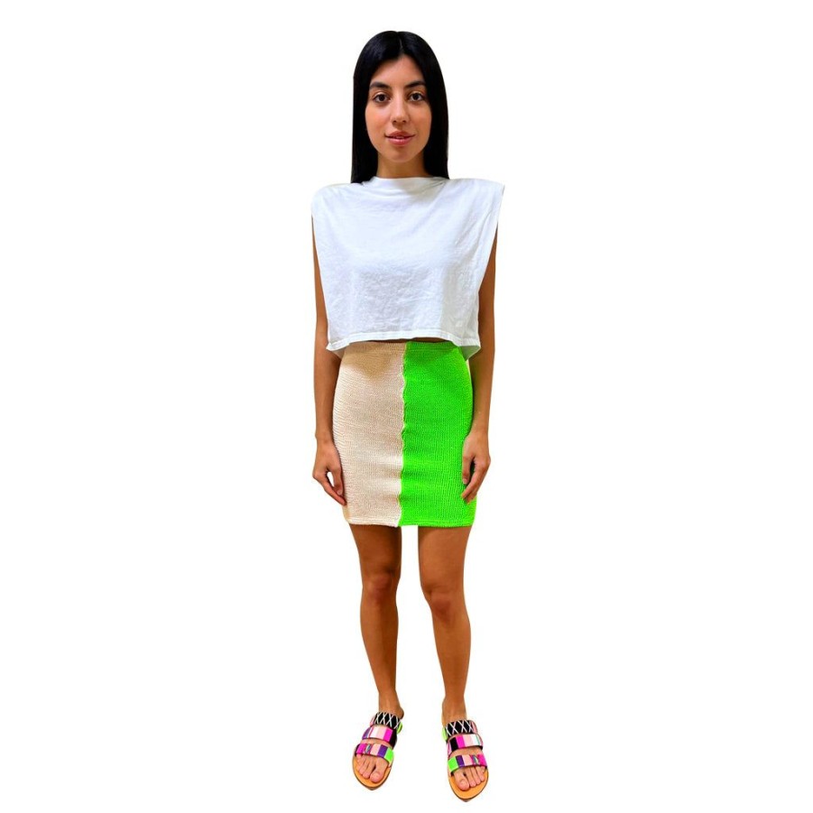 Clothing Le Pom Pom | Cream/Neon Green Mini Skirt