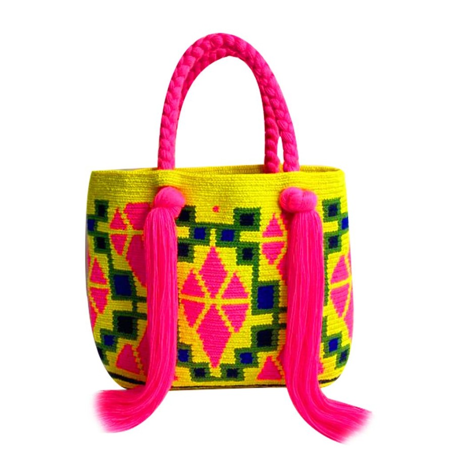 Bags & Bag Accessories Le Pom Pom | Neon Yellow & Pink Mini Tassel Bag