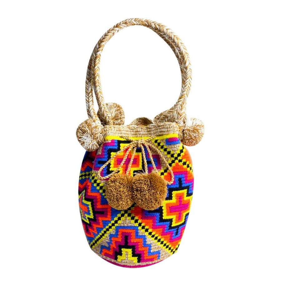 Bags & Bag Accessories Le Pom Pom | Beige, Black & Rainbow Bucket Bag