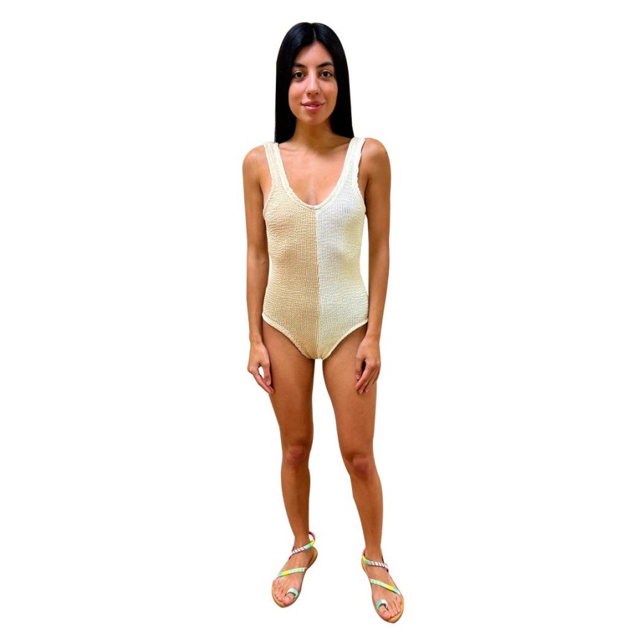 Clothing Le Pom Pom | Beige/White One Piece Swimsuit