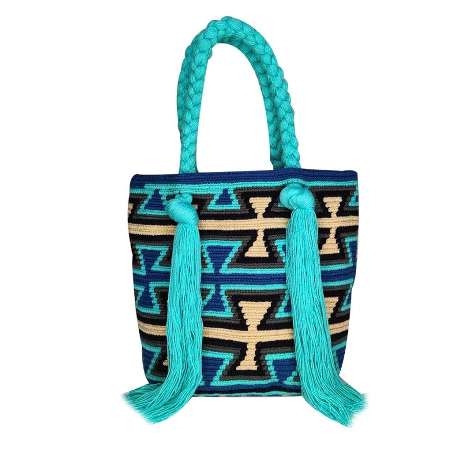 Bags & Bag Accessories Le Pom Pom | Blue & Beige Mini Tassel Bag