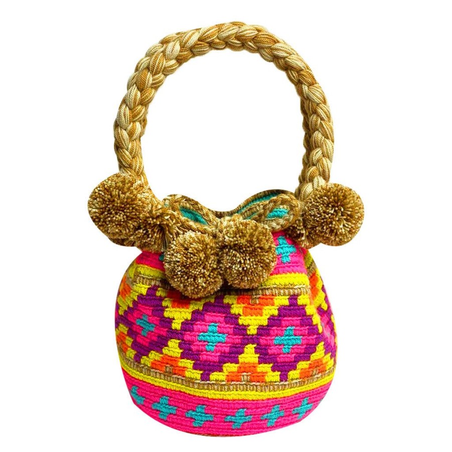 Bags & Bag Accessories Le Pom Pom | Beige & Rainbow Diamond Mini Bucket Bag